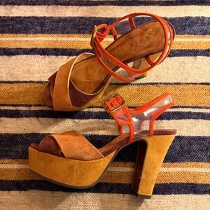 Chie Mihara Orange Brown Suede Platform Sandals Clear Strap Block Heel Spain 38